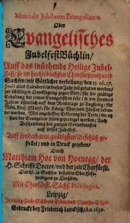 Manuale Jubilaeum Evangelicum Oder Evangelisches JubelfestBüchlin ...