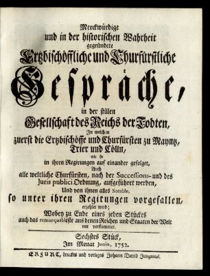 Sechstes Stück, Im Monat Junio 1752.