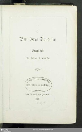 Wolf Graf Baudissin : Gedenkbuch für seine Freunde