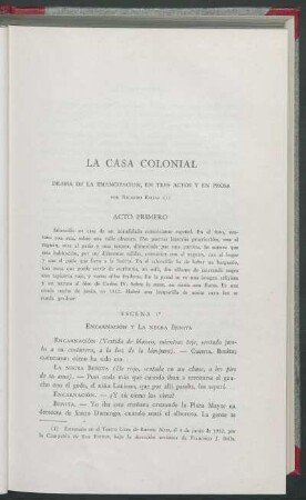 La casa colonial : Drama de la emancipación, en tres actos y en prosa