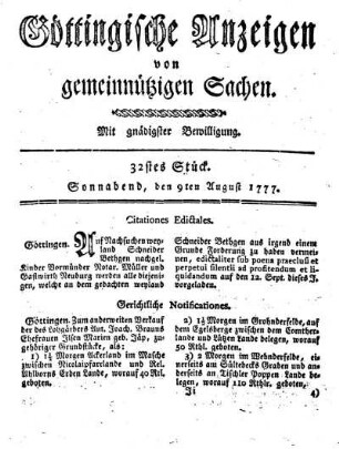 32stes Stück. Sonnabend, den 9ten August 1777.