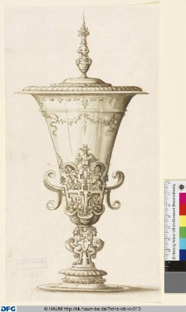 Deckelbecher (Pokal) mit Venusfigur als Knauf und Satyrn und Äpfel im Rollwerk