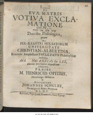 De Evae Matris Votiva Exclamatione Gen. IV, 1. [...] Diatribe Philologica