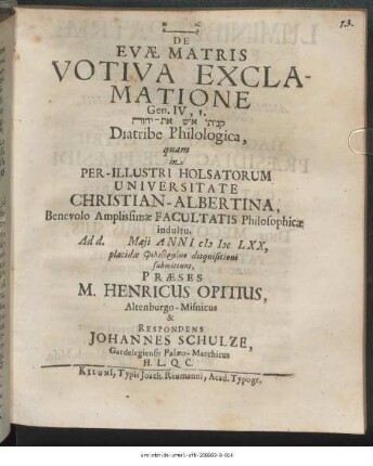 De Evae Matris Votiva Exclamatione Gen. IV, 1. [...] Diatribe Philologica