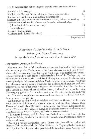 Ansprache des Abiturienten Arne Schröder bei der feierlichen Entlassung in der Aula des Johanneums am 7. Februar 1970