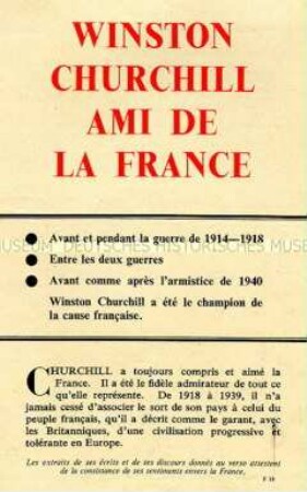 Abwurf-Flugblatt der englischen Streitkräfte über Winston Churchills Beziehung zu Frankreich (französisch)