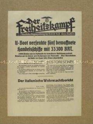 Nachrichtenblatt der Tageszeitung der NSDAP Sachsen "Der Freiheitskampf" über den deutschen Bombenangriff im Nordosten Englands