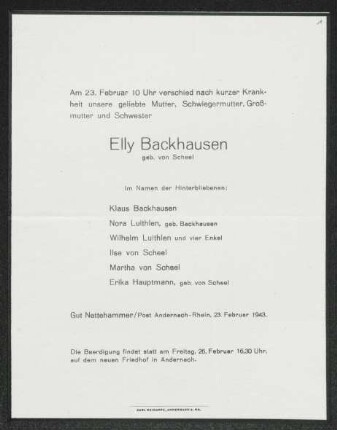 Brief von Erica Hauptmann und Klaus Backhausen an Gerhart Hauptmann