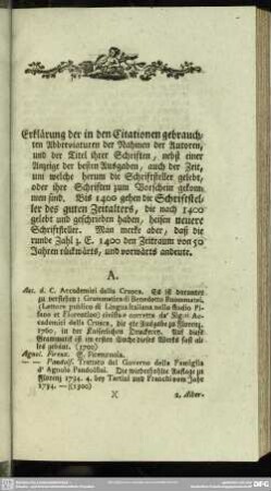 Erklärung der in den Citationen gebrauchten Abbreviaturen der Nahmen der Autoren, und der Titel ihrer Schriften,...