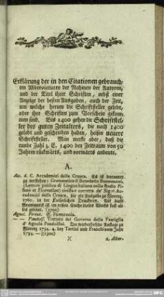 Erklärung der in den Citationen gebrauchten Abbreviaturen der Nahmen der Autoren, und der Titel ihrer Schriften,...