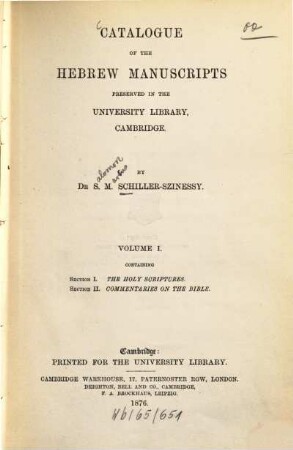 Catalogue of the Hebrew manuscripts preserved in the University Library, Cambridge, 1