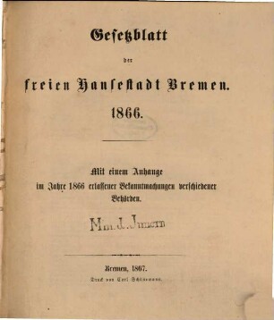 Gesetzblatt der Freien Hansestadt Bremen. 1866, 1866. - 1867