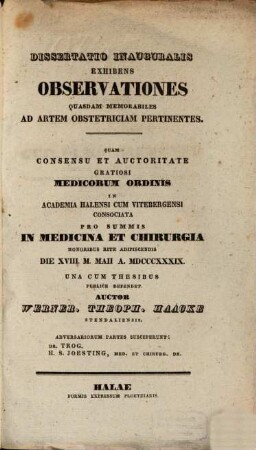 Diss. inaug. exhibens observationes quasdam memorabiles ad artem obstetriciam pertinentes