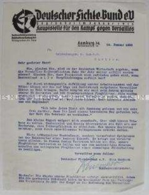 Schreiben des Fichte-Bundes an einen Unternehmer mit Polemik gegen den Versailler Vertrag
