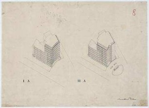 Wettbewerb Shellhaus (nicht realisiert) – Planung IA, IIA: Isometrische Projektionen. Berlin-Charlottenburg, Kurfürstendamm 32