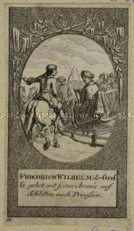 Zwölf kleine Szenen zu den brandenburgischen Kurfürsten: Friedrich Wilhelm der Grosse gehet mit seiner Armee auf Schlitten nach Preussen.
