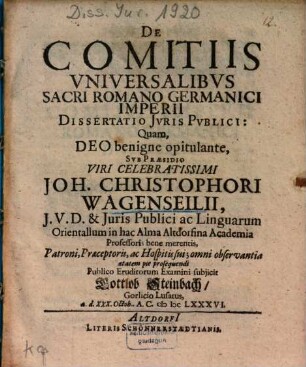 De Comitiis Vniversalibvs Sacri Romano Germanici Imperii Dissertatio Jvris Pvblici