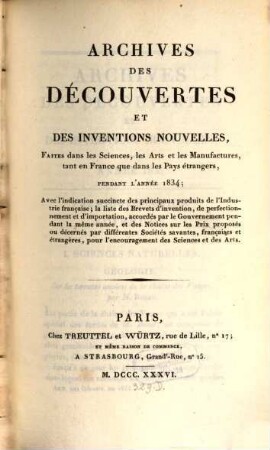 Archives des découvertes et des inventions nouvelles : faites dans les sciences, les arts et les manufactures, tant en France que dans les pays étrangers, pendant l'année ... 26. 1834 (1836)