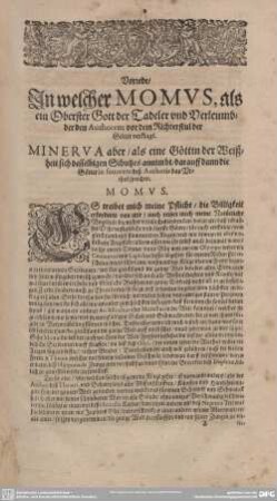 Vorrede/In welcher MOMUS, als ein Oberster Gott der Tadeler und Verleumbder den Authorem vor dem Richterstul der Götter verklagt.