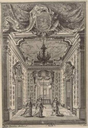 Bühnenbild für die Oper „Teodosio il Giovane“ von Filippo Amadei im Teatro Ottoboni des Palazzo della Cancelleria in Rom im Jahr 1711 (Akt 3, Szene 10 ff.: Unterredung in einem kaiserlichen Gemach)