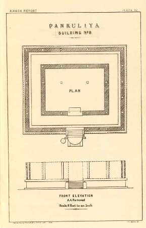 Plate XII. Pankuliya Building No. 8. Plan. Front elevation.
