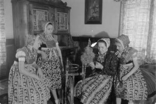 Schleifer Frauen und Mädchen am Spinnrad in Rohne. : Holcy a žony w Slepjanskej drasće při předźenju pola Wěrikec w Rownom.