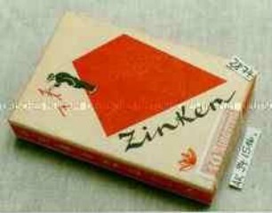 Pappschachtel mit vollständiger Steuermarke für 10 Stück Zigarillos "Zinken" (Abbildung: Mann, der Schriftzeichen - "Zinken" - an die Wand malt)
