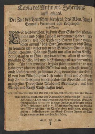 Copia des Antwort-Schreibens auff obiges.