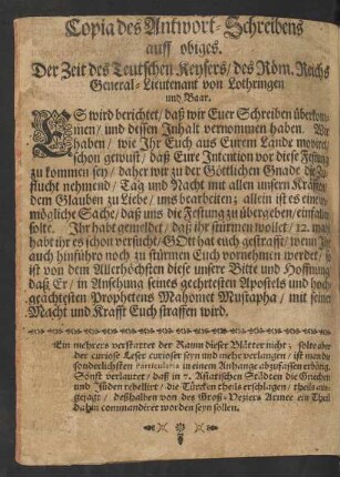 Copia des Antwort-Schreibens auff obiges.