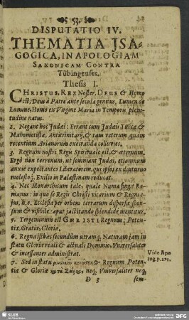 Disputatio IV. Thematia Isagogica, In Apologiam Saxonicam Contra Tübingenses