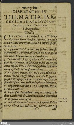 Disputatio IV. Thematia Isagogica, In Apologiam Saxonicam Contra Tübingenses