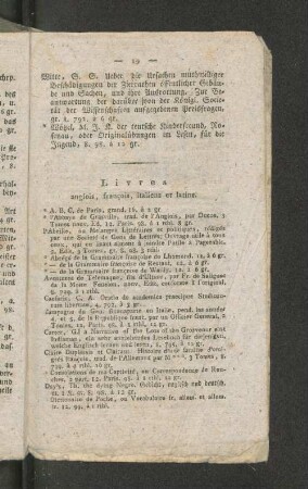 Livres anglois, francois, italiens et latins.
