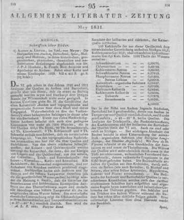 Monheim, J. P. J.: Die Heilquellen von Aachen, Burtscheid, Spaa, Malmedy und Heilstein, in ihren historischen, geognostischen, physischen, chemischen und medizinischen Beziehungen. Nebst einer Karte und einem Titelkupfer. Aachen, Leipzig: Mayer 1829