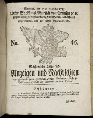 No. 46. Montags, den 15ten November 1773.