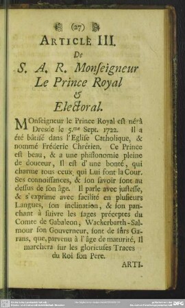 Article III. De S. A. R. Monseigneur Le Prince Royal & Electoral