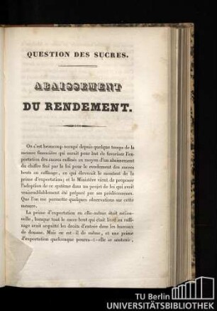 Question des sucres. Abaissement du rendement