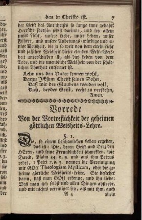 Vorrede Von der Vortreflichkeit der geheimen göttlichen Weisheits-Lehre.