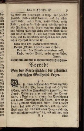 Vorrede Von der Vortreflichkeit der geheimen göttlichen Weisheits-Lehre.