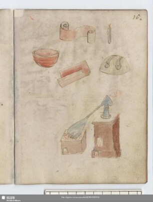 15r: 6 kolorierte Federzeichnungen: Schriftrolle; Kerze; drei Schalen; Destillierofen