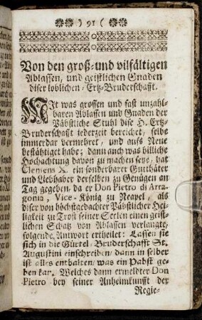 Von den groß- und vilfältigen Ablassen, und geistlichen Gnaden diser loblichen Ertz-Bruderschafft.