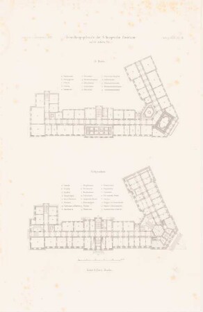 Verwaltungsgebäude der Königlichen Bergwerke, Saarbrücken-St. Johann: Grundriss EG, 2.OG (aus: Atlas zur Zeitschrift für Bauwesen, hrsg. v. G. Erbkam, Jg. 32, 1882)
