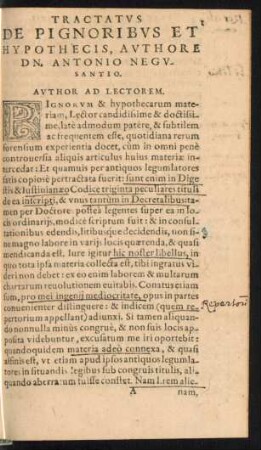 Tractatus De Pignoribus Et Hypothecis, Authore Dn. Antonio Negusantio.