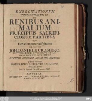 Exercitationvm Theologicarvm IX. De Renibus Animalium Præcipuis Sacrificiorum Partibus