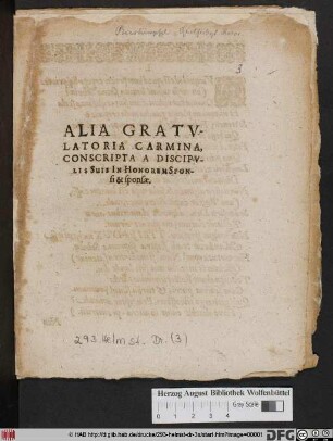 Alia Gratulatoria Carmina, Conscripta A Discipulis Suis In Honorem Sponsi & sponsae