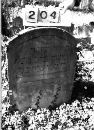 Grabstein 204 (Index: 99791528) Material: Sandstein Zustand: ein Schriftfeld abgeblättert mit fast vollständigem Textverlust, sonst gut Maße HxBxT: 88x55x13 cm Beschreibung: Stele, Segmentbogenabschluß, zwei Schriftfelder eingetieft Besonderheit: Kindergrab: Grabstein 204