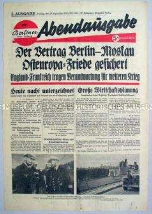 Titelblatt der Abendausgabe der "Berliner Volks-Zeitung" zur Unterzeichnung des Vertrages zwischen Deutschland und der UdSSR ("Hitler-Stalin-Pakt")