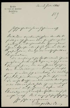 Nr. 5: Brief von Anton Hagedorn an Ferdinand Frensdorff, Hamburg, 3.7.1903