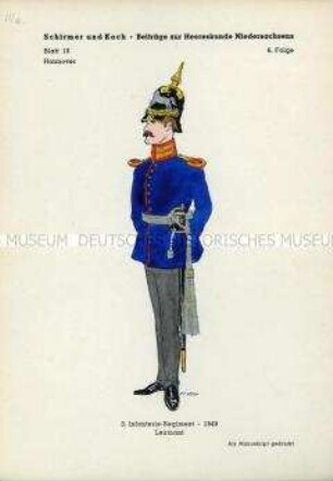 Uniformdarstellung, Leutnant des 3. Infanterie-Regiments, Königreich Hannover, 1849.