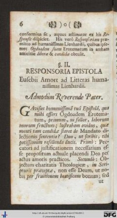§. II. Responsoria Epistola Eusebii Amort ad Litteras humanissimas Lienhardii.