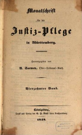 Monatsschrift für die Justizpflege in Württemberg. 14. 1848